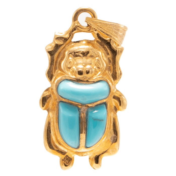 Egyptian Scarab Gold 18K Double-Sided Pendant with Turquoise and Lapis - Image 1